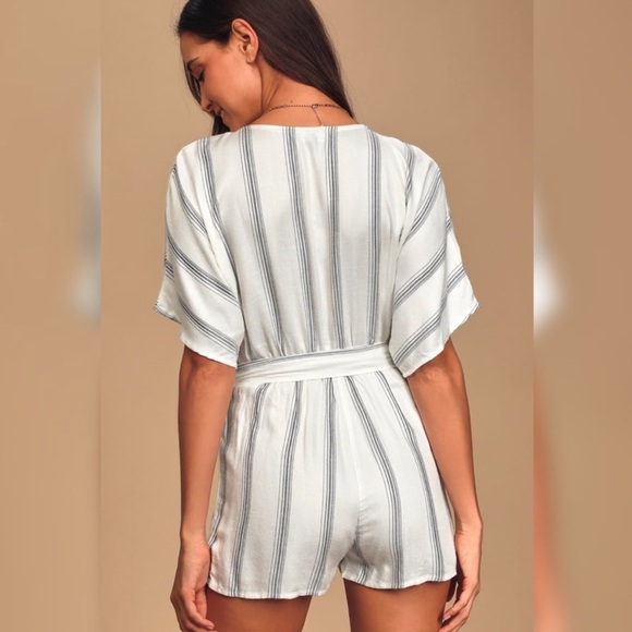Lulus Climb Aboard Grey and White Striped Faux Wrap Romper - Picture 2 of 5